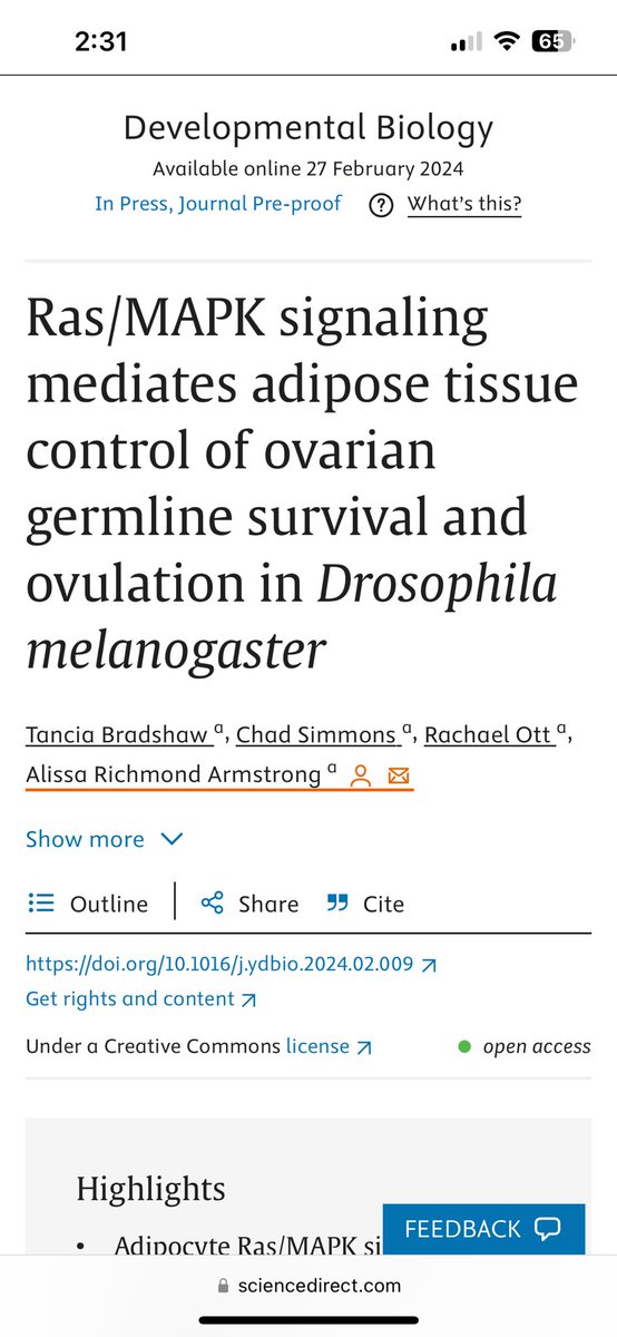 ⚠️Armstrong Lab Publication Alert⚠️ The work of recent PhD graduate, @tanciabradshaw, along with fellow grad student, @CHSPhD, and @UofSC_CAS undergrad, @rachaelottt, uncovers the involvement the Ras/MAPK signaling axis in #drosophila fat-to-ovary communication