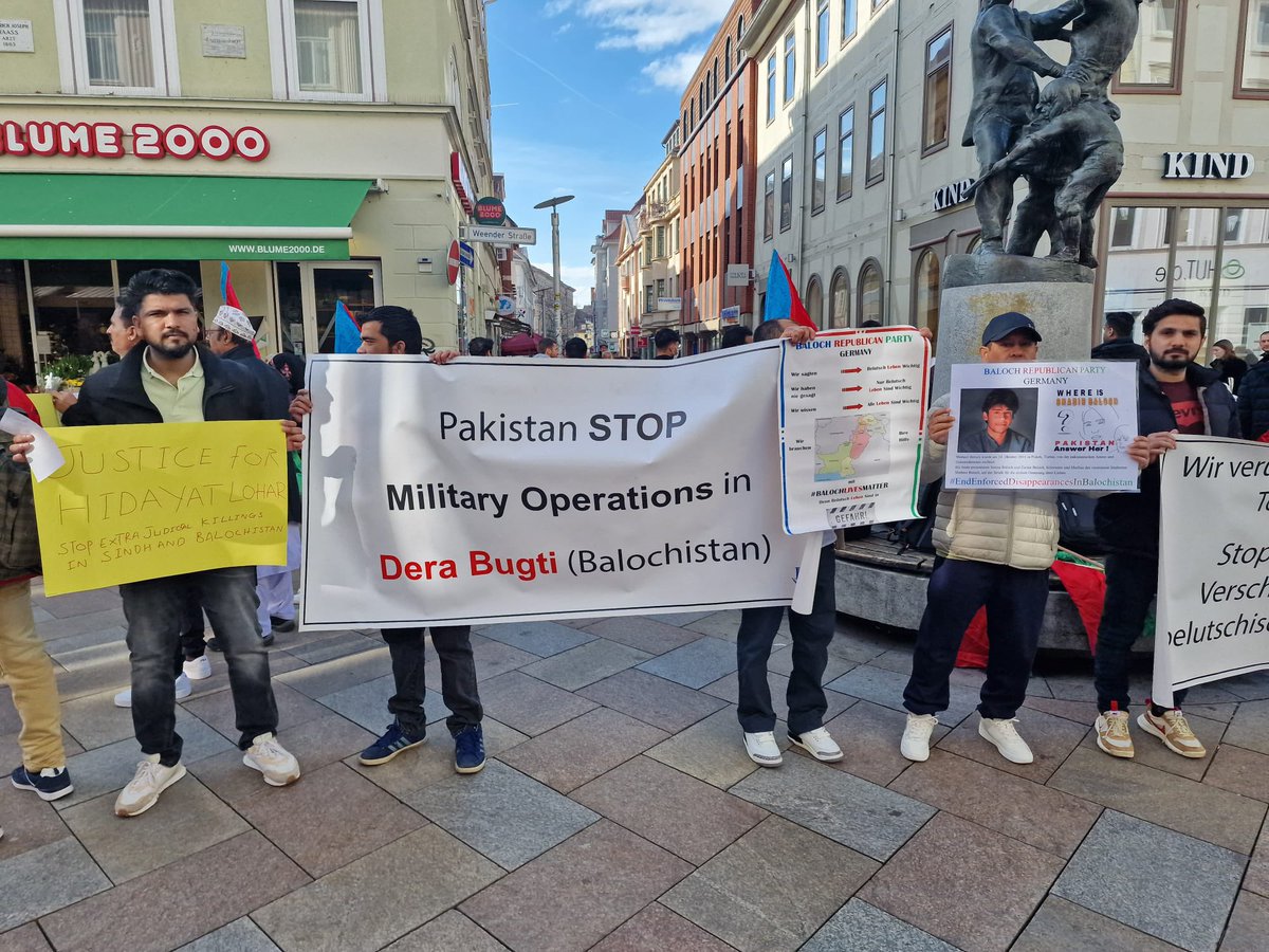 BRP_MediaCell's tweet photo. In Gottingen, Germany, the Baloch Republican Party conducts a protest demonstration, shedding light on Pakistan's atrocities in Balochistan. The focus is on exposing military operations, enforced disappearances, and staged encounters that have affected the lives of Baloch civilians.