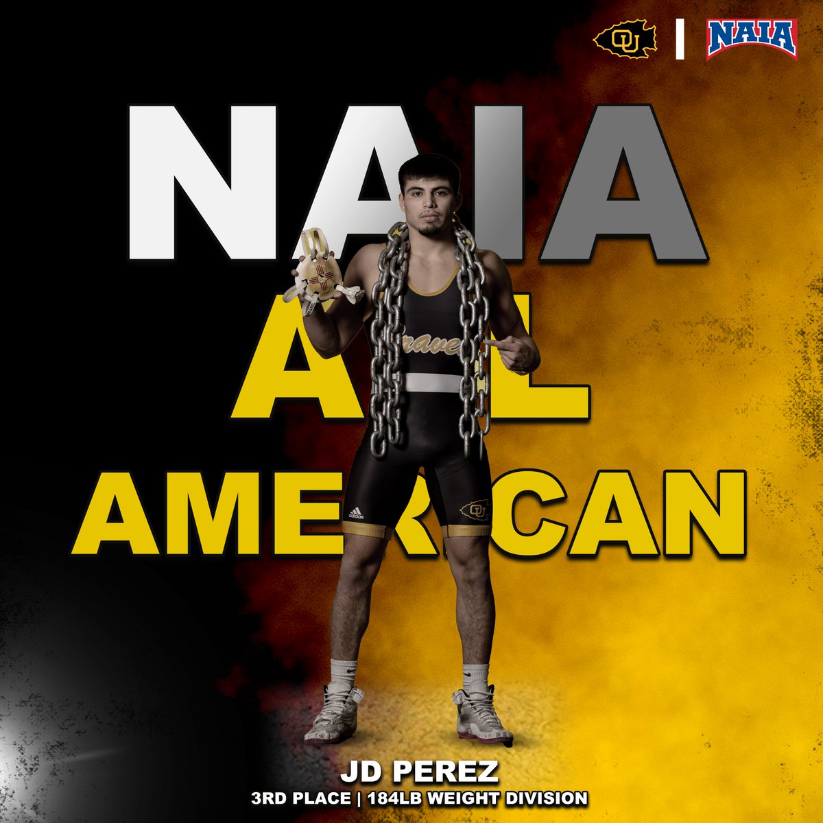 A Third Place Finish in the 184lb weight division and an NAIA All-American: JD Perez @OuBravesMwr_Wwr x #BraveNation