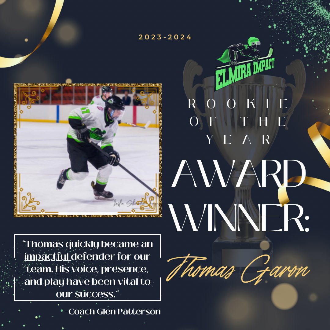 Your Rookie of the Year is none other than Thomas Garon‼️💚 G: 1 A: 8 P: 9 Garon has played a very stable game on the Impact blue line this season, and brings very positive energy to the group as a whole. Congrats to Thomas for being our Rookie of the Year! #ImpactPlayer💥