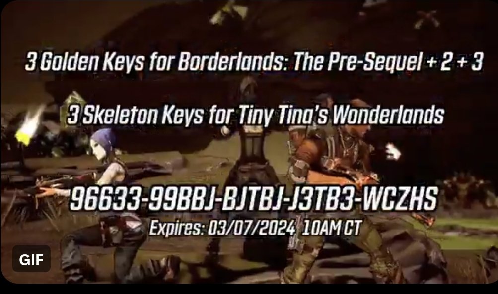 Happy Weekend! SHiFT code for free loot keys in Borderlands 2, TPS, 3 and Wonderlands: 96633-99BBJ-BJTBJ-J3TB3-WCZHS Redeem in game or at shift.gearbox.com. Expires March 7. Good luck, and happy looting!