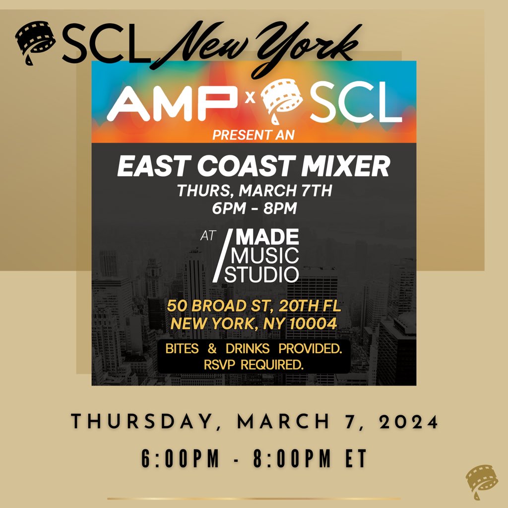 New Yorkers! Join the Association of Music Producers and The Society of Composers and Lyricists for a presentation and mixer, hosted by Made Music Studio. Join the waitlist here: eventbrite.com/e/nyc-event-am… #thescl #sclny #mixer #amp #producers #composers #lyricists