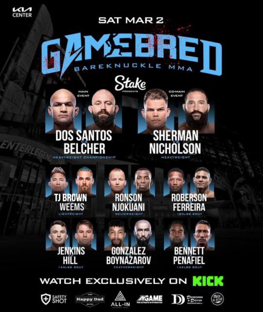 Your Saturday night plans! A stacked fight card guaranteeing nothing but VIOLENCE! Catch the excitement with our FREE exclusive stream on @kickstreaming starting at 7 PM EST. #fightnight #Bareknuckle #MMA #Gamebred #Kiacenter #orlando