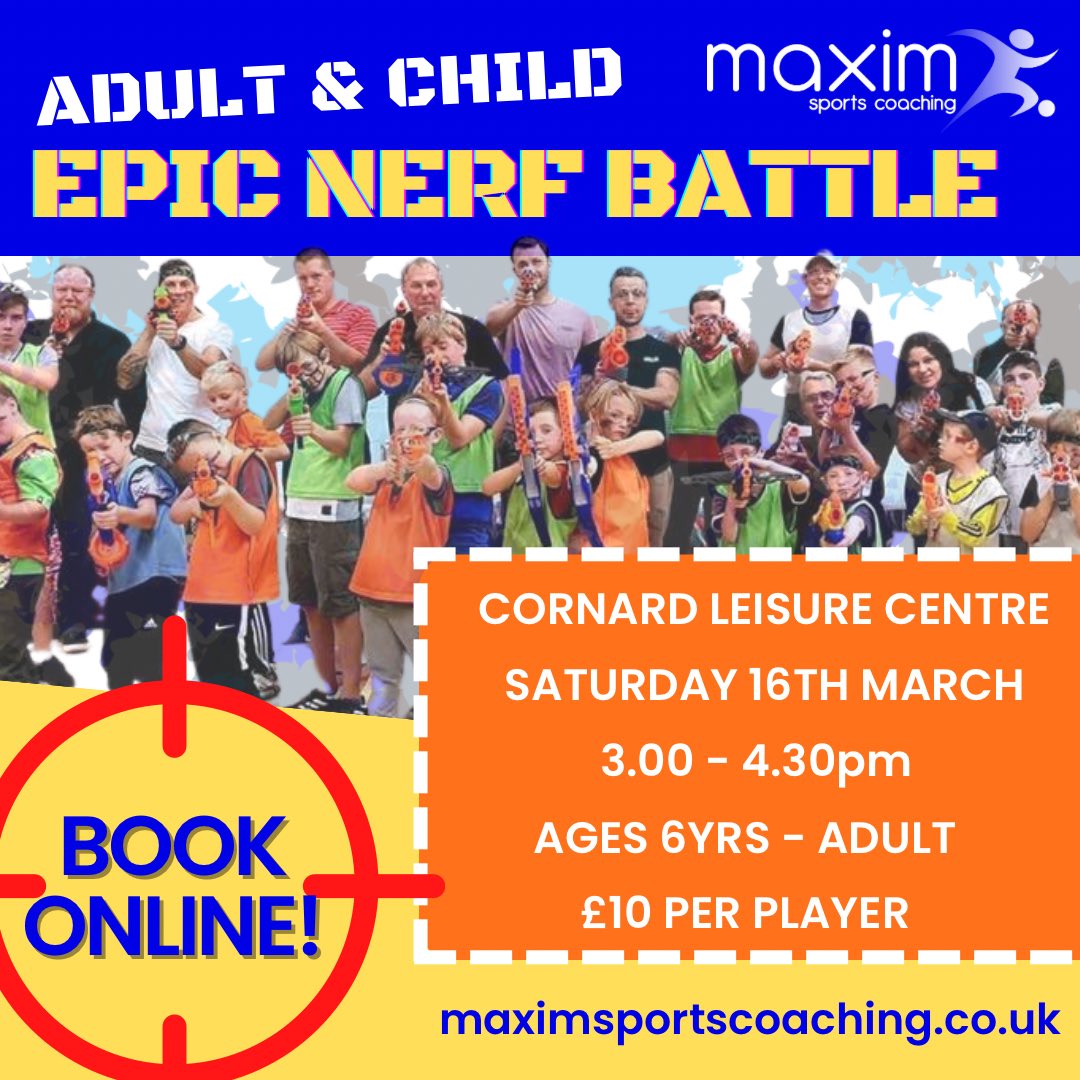 Who’s ready for the next……
🔫ADULT &amp; CHILD NERF EVENT 🔫

📆 Saturday 16th March 
⏰3.00-4.30pm
📍Great Cornard Leisure Centre
🧒Ages 6+ to the big kids! 
💰£10 per player 

BOOK ONLINE NOW 🥳

maximsportscoaching.co.uk/events/adult-c…

#sudburysuffolk #sudburysuffolkuk #greatcornard #cornard