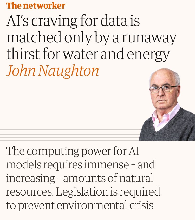 “One of the most pernicious myths about digital technology is that it’s somehow weightless or immaterial…consider Ireland, a small country with an awful lot of datacentres…in 2022 they consumed more electricity than all rural dwellings in the country” theguardian.com/commentisfree/…
