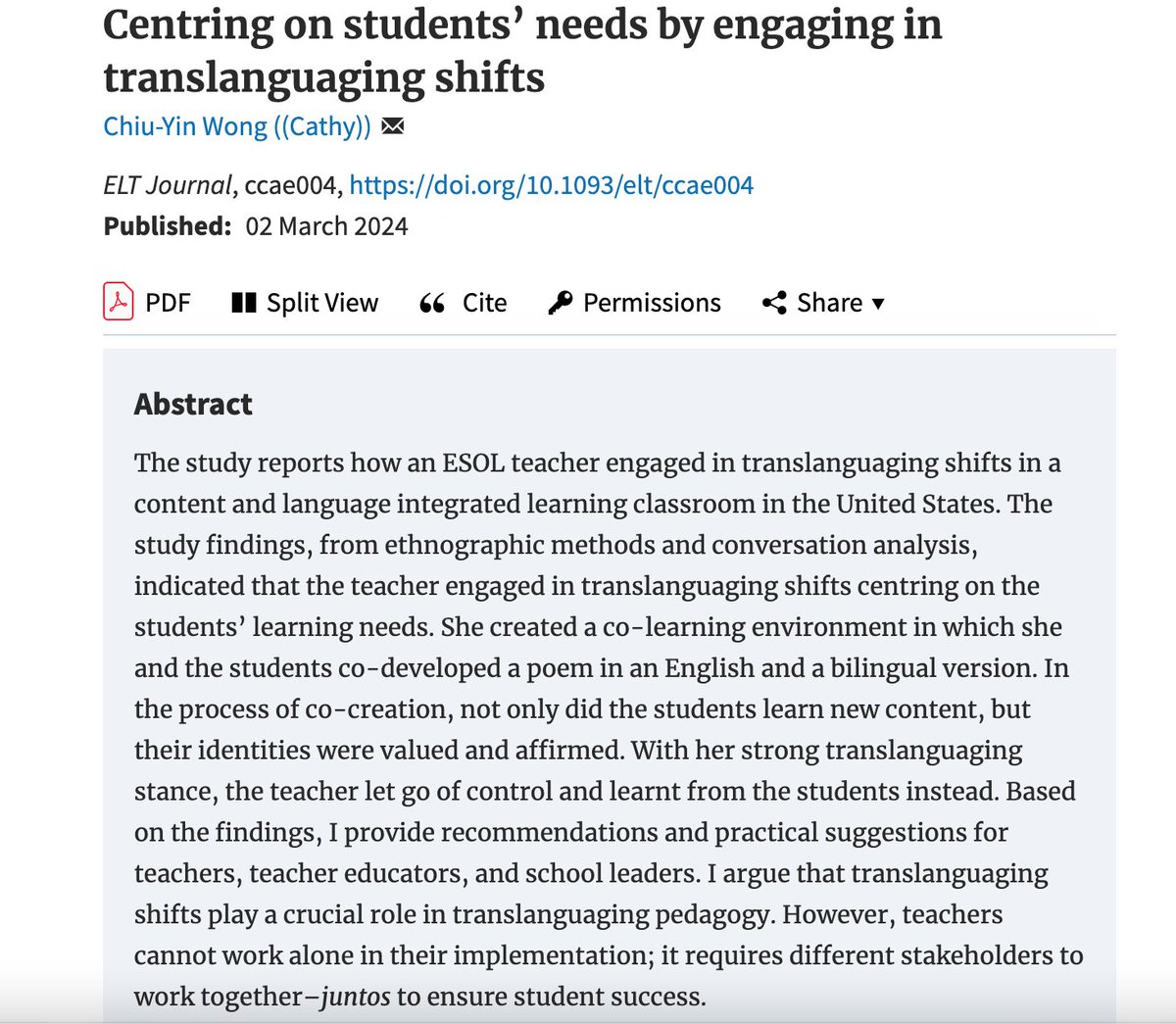 Excited to share my latest article published in ELT Journal: Centring on students’ needs by engaging in translanguaging shifts. ELT Journal, 78.  Free access link: academic.oup.com/eltj/advance-a…
#translanguaging #juntos #translanguaging_shifts