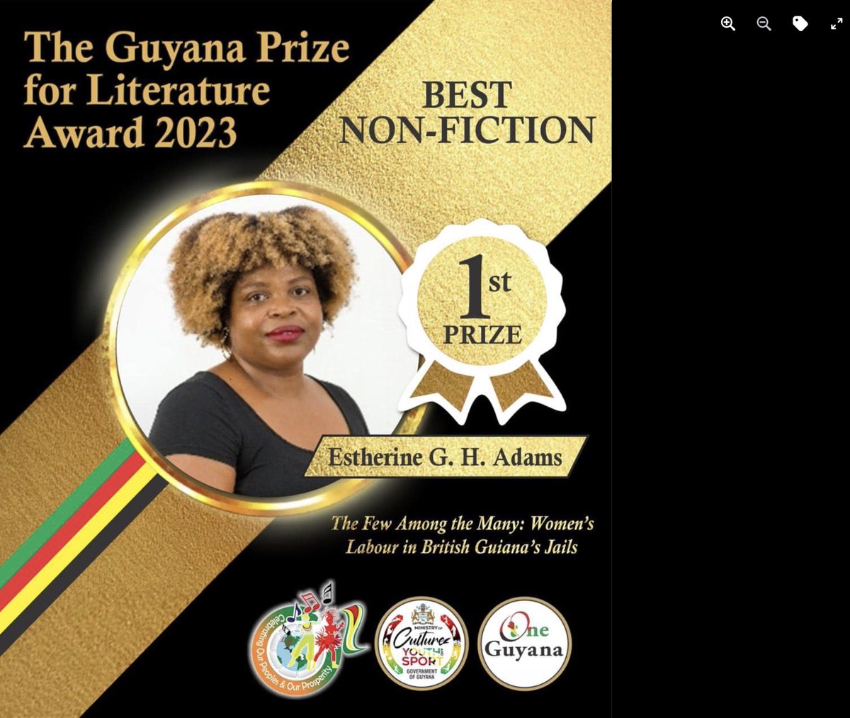 Estherine Adams @Gt_Rebel scoops Guyana Prize for Literature 2023 for non-fiction. Estherine was an outstanding researcher on the @uniofguyana @uniofleicester Guyana collaboration funded by @ESRC, also completing her PhD at @umhistory. Congrats! @historyleic @LeicesterCSSAH