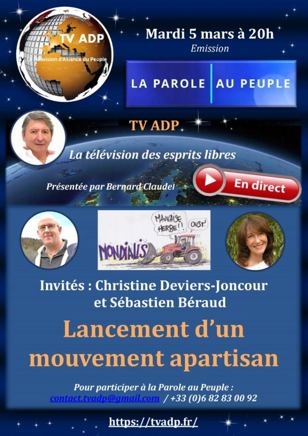 ADPLASOLUTION's tweet photo. 🎬 Emission ce mardi 5 Mars sur TV ADP 📷 Invités : Christine Deviers-Joncour @CDJoncour et #Sebastienberaud  @beraudseba7258 Liens pour le live : 
https://t.co/vyvPDDCCCD
https://t.co/FUQMR75X95
https://t.co/MLoy0zHCYG
https://t.co/t1m1pZKym4

#Alliancedupeuple #laparoleaupeuple https://t.co/317WIdGYDu