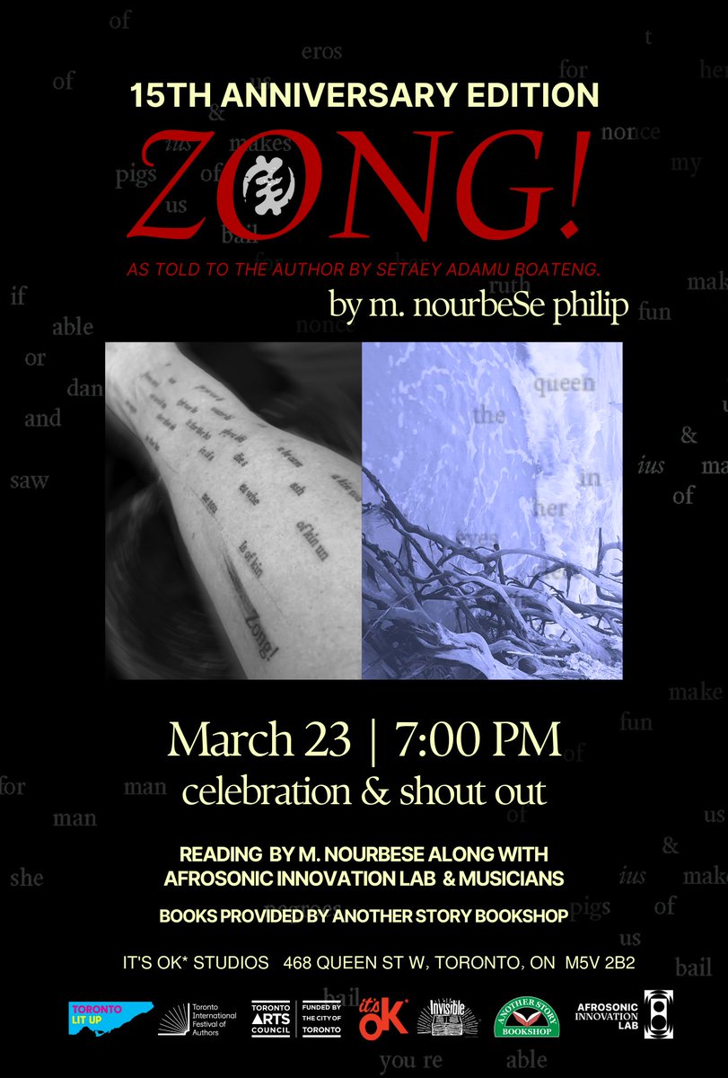Join us March 23rd <a href="/ItsOK_World/">It's OK*</a>  as we celebrate the release of the 15th anniversary edition of Zong! with a reading by <a href="/mnourbese/">NourbeSe Philip</a> &amp; special guests ✨
Books provided by <a href="/AnotherStoryTO/">Another Story Bookshop</a> 
RSVP: eventbrite.ca/e/zong-15th-an…