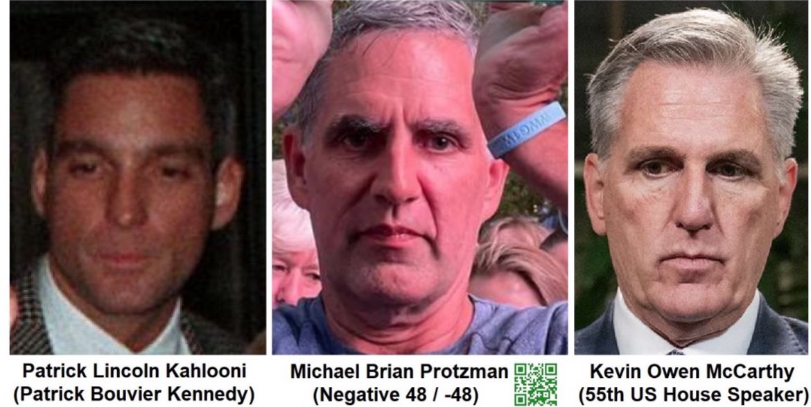 Come look at this 📸 one in the same person Patrick Lincoln Kahlooni ☘️ ( Patrick Bouvier Kennedy ) 💥 IS ALSO 💥 Michael Brian Protzman ( Negative-48) 💥 IS ALSO 💥 Kevin Owen McCarthy ( 55th House Speaker) #YouAreWatchingAMovie 🐸 🍿…