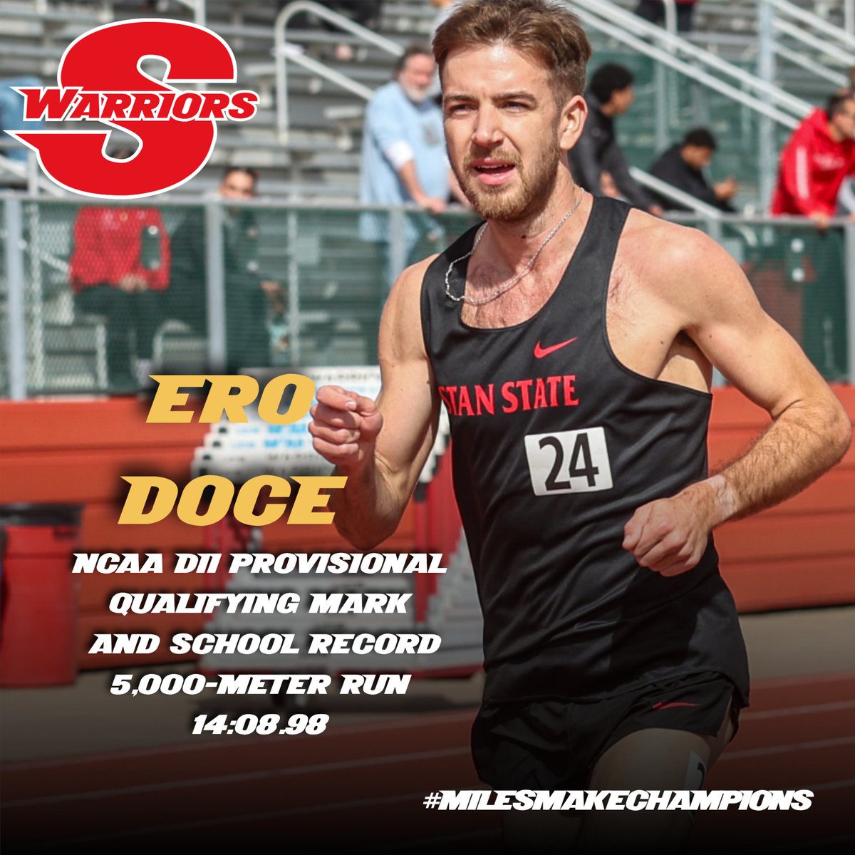 GoStanState's tweet image. SCHOOL RECORD:  Ero Doce broke the Stan State record in the 5,000-meter run with his first place and @NCAADII provisional time of 14:08.98 at the Kim Duyst Invitational.  #ValleyTough #MilesMakeChampions