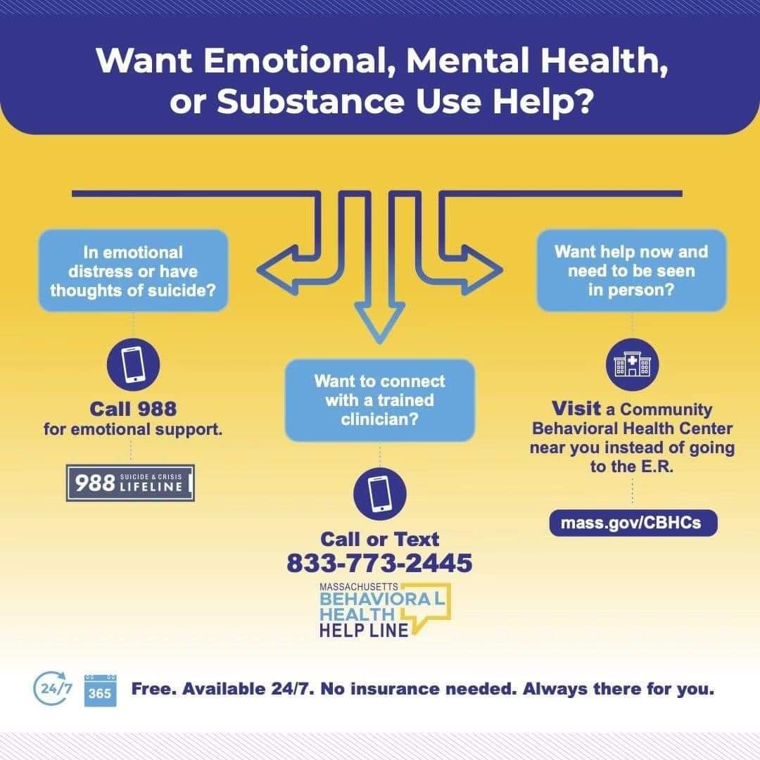 Anyone in Massachusetts can call or text the Behavioral Health Help Line for immediate clinical assessment and to get connected to treatment (833-773-2445) OR walk into or call their local Community Behavioral Health Center (CBHC) for 24/7 crisis services and more.