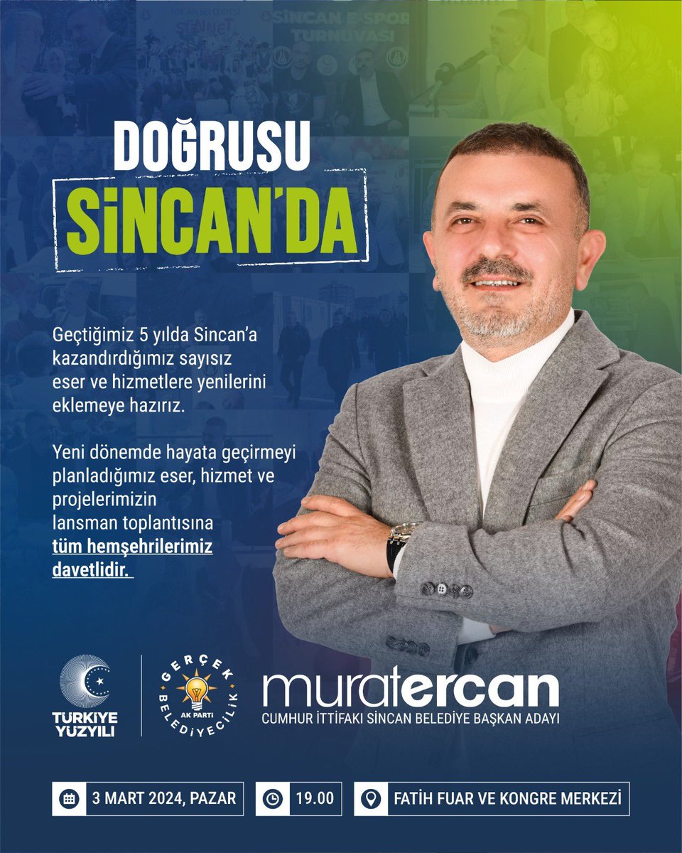 Sincan ❤️

Belediye Başkanımız ve Adayımız <a href="/MuratErcan0606/">Murat Ercan</a> 'ın proje lansman toplantısına tüm hemşehrilerimiz davetlidir. 

📆 3 Mart Pazar
🕖 19:00
📍Fatih Fuar ve Kongre Merkezi