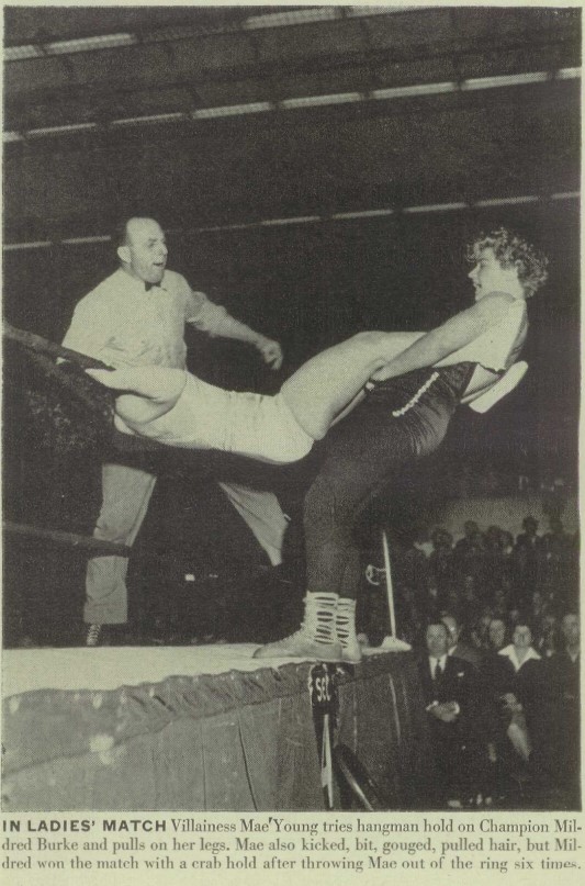 Mildred Burke vs. Mae Young in 1945, when Mae was actually young.