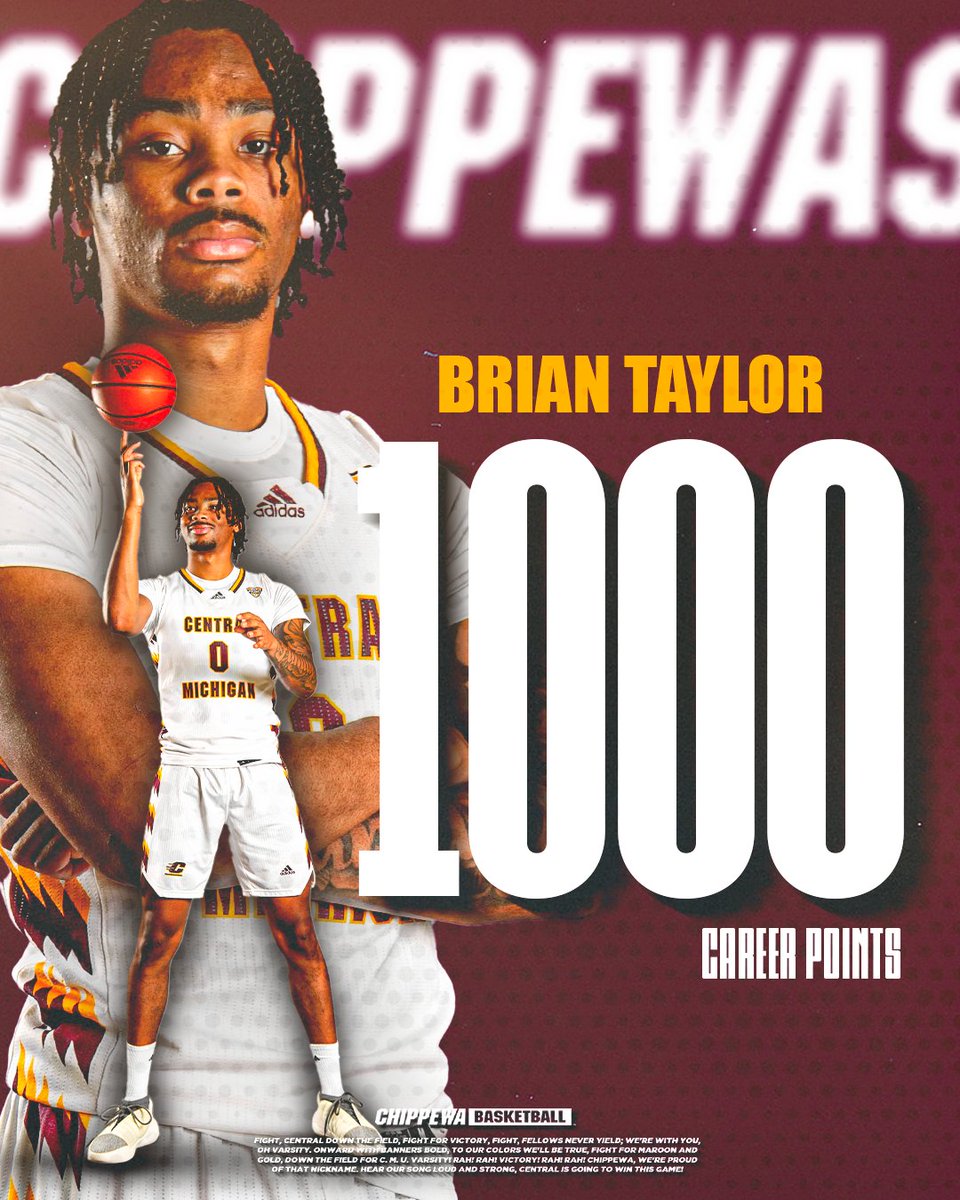CMUMensBBall's tweet photo. Brian Taylor hits a short jumper in the lane for goaltending!

He becomes the 36th player in school history to go over 1,000 career points at Central Michigan!

Congratulations Brian Taylor!

#FireUpChips 🔥⬆️🏀 https://t.co/DeW3nMNxpb