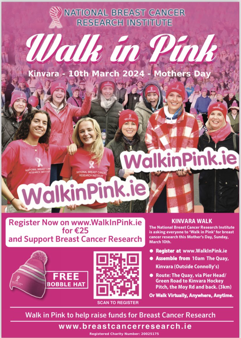 🩷Walk in Pink 2024 in Kinvara🩷

Just one week to go to the National Breast Cancer Research Institute Walk in Pink which will be hosted by KHC.

💕Sun 10/3
💕10am
💕3k walk from the Quay, Kinvara to KHC multi-sport community pitch site on the Moy Rd

🩷ALL WELCOME!
Please share
