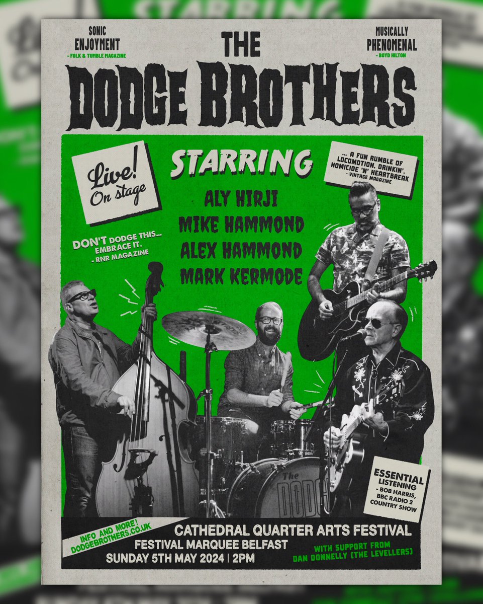 Brand new (but vintage looking) @DodgeBrothers gig poster design, with a 1950s horror movie poster vibe by @thisisfunart We play @Cqaf Belfast with very special guest @dandinnerlady (@the_levellers) on Sunday 5th May 2024. Tickets cqaf.ticketsolve.com/ticketbooth/sh…