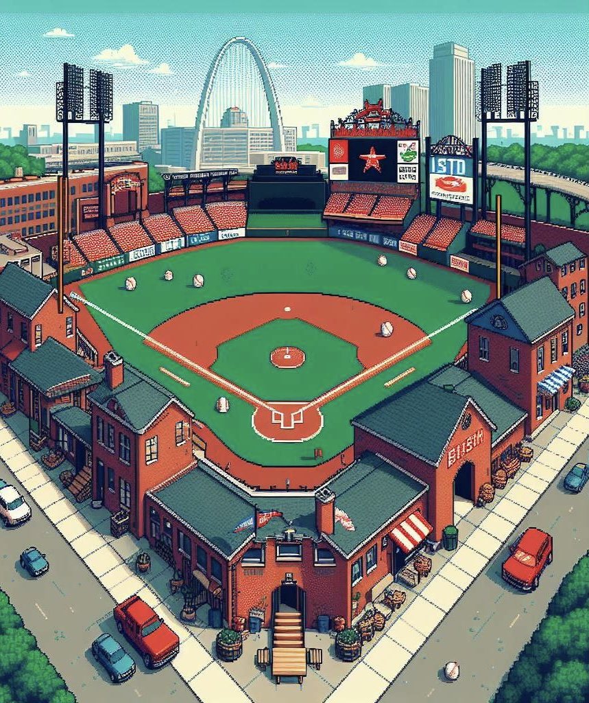 In honor of opening day coming up, here’s Busch Stadium in Backyard Baseball form I made with DALL•E3⚾️ <a href="/Cardinals/">St. Louis Cardinals</a>