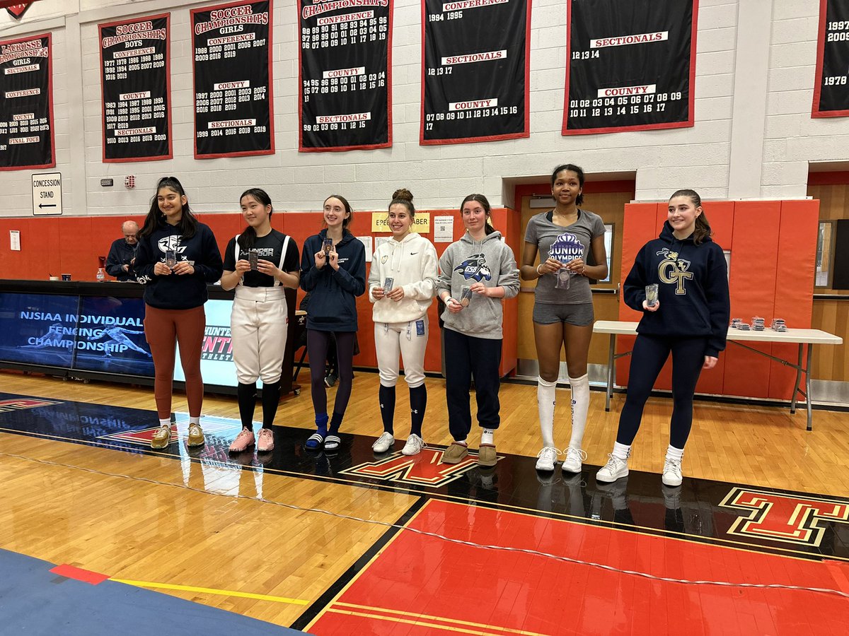 SBassin_Sports's tweet photo. GIRLS EPEE STATE CHAMPION! Maria Furman from Old Tappan (@NVOT_Athletics) wins a 3-person barrage to take home the gold medal. Montclair’s Nile Brunson (@cavcrazies) placed 2nd & Anastasia Chatikhine of GSB (@GSBAthletics) took 3rd. #NJFencing 🤺 https://t.co/NmluxtDX5T