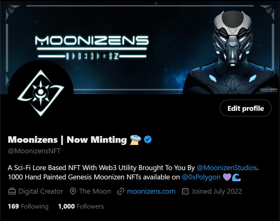 1,000 Followers! Thank you to all new and O.G. supporter's, we couldn't have gotten here without you! With our Moonizen: Genesis collection being limited to only a supply of 1,000, we are looking forward to seeing who participates in token-gated WL registration for a Dogizens