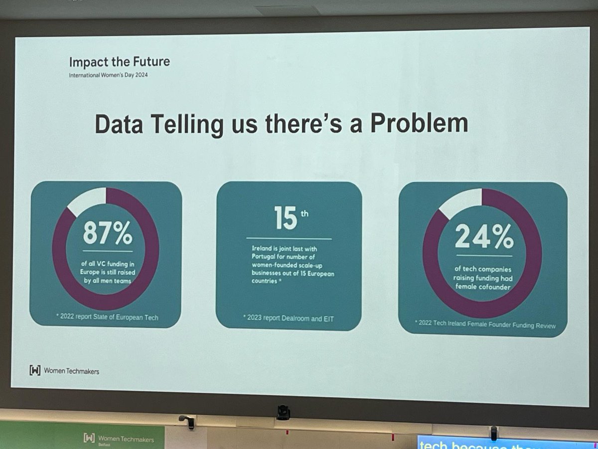 Mairin Murray: 1 woman in a team of 4 considered a female founded company. Echoes the phenomenon that men estimate 1/3 of women in a room as more than half. Chair 'person' likewise, doesn't quite neutralise the fact that the board is still 90% chairmen. #WTMBelfast #DataActivism