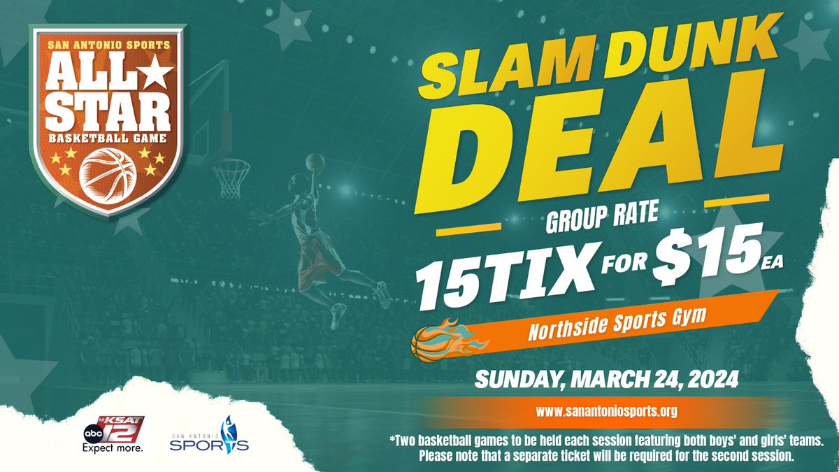 Come see area seniors showcase their skills in the @SA_Sports All-Star Basketball Game. Tickets for groups of 15+ are just $15 each per session & include both girls' & boys' games. Gather your team and don’t miss this exciting day of hoops! bit.ly/3wl2H8i #SASAllStarGame