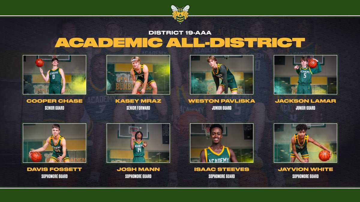 Bumblebees had 8 Academic All-District players this season! Congratulations to:

Cooper Chase
Kasey Mraz
Weston Pavliska
Jackson Lamar
Davis Fossett
Josh Mann
Isaac Steeves
Jayvion White