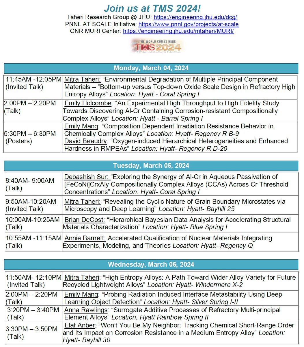 MitraLTaheri's tweet image. Check out our group’s work at the @TMSSociety #TMS2024 in #Orlando if you like #highentropy #alloys #Microscopy #ai #ml #additive #manufacturing #radiation #tolerance Let’s GO! @JHUMaterials and our fabulous collaborators!!