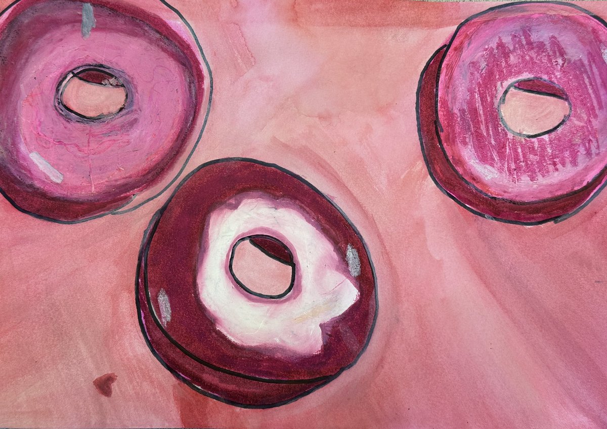HansHerrArt's tweet photo. Grade 5 students created a mixed media composition of donuts, chocolates and conversation ❤️. Such diversity among this sampling learning to develop their artistic expression. @LSPioneers @HansHerrES https://t.co/UTQjdqcVrp