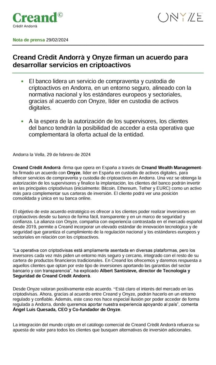marta_ambor's tweet photo. Gran notícia per #ANDBLOCKCHAIN🚀
@CreandCA (Crèdit Andorrà) signa un acord amb @Onyze_official , líder a Espanya en custòdia d'actius digitals, per oferir serveis de compravenda i custòdia de criptoactius a Andorra.🇦🇩
#custodia #inversiones #Andorra #blockchain https://t.co/9yq6gnZl7y