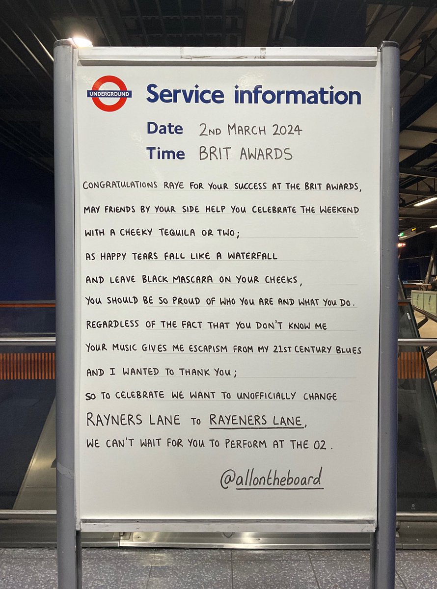 Congratulations <a href="/raye/">RAYE</a> for your success at the <a href="/BRITs/">BRIT Awards</a> tonight. You are absolutely amazing. We would love to change the name of Rayners Lane station to RAYEners Lane station. 

#RAYE #BRITs