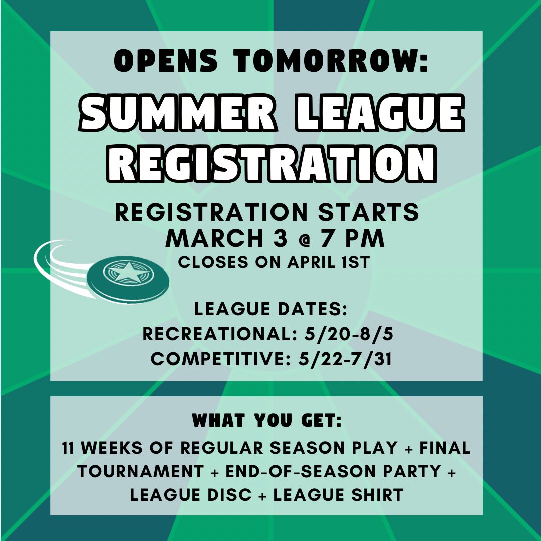 Summer league registration opens tomorrow at 7 pm! Registration will be open through the end of March. Find out more below: 

Rec league: columbusultimate.com/e/2024-summer-…
Competitive league: columbusultimate.com/e/2024-summer-…