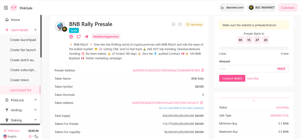 Our $PINKSALE Link is Out now !!

 All marketing has been planned,grab your Whitelist now! 

Min buy: 0.1 BNB
Max buy: 0.5 BNB
Hardcap: 70 BNB

Remaining tokens have been burnt: bscscan.com/tx/0x2f9753cae…

Official Presale Link : pinksale.finance/launchpad/0x40…