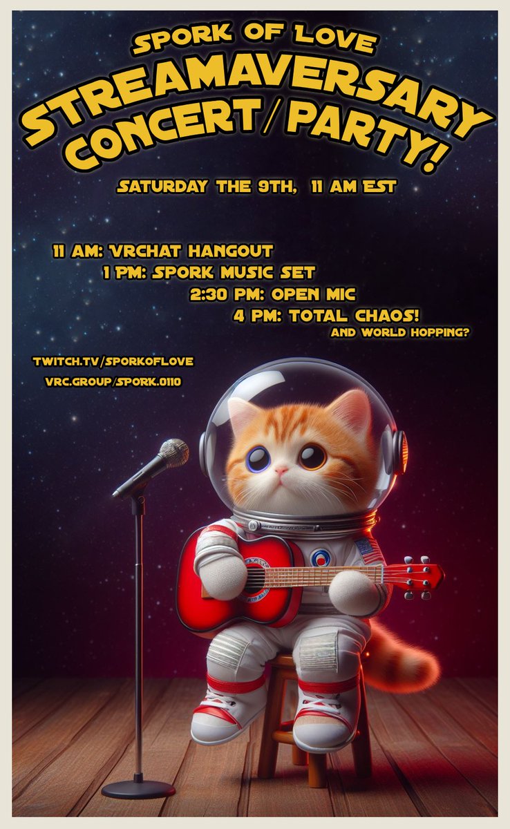 SporkOfLove's tweet photo. 🎉 Next Sat is my streaming anniversary! And nothing makes me happier than playing for you all! I hope you can come by, either in VRChat or on Twitch! 
❤️ 🎶 
1:00 pm EST I'll play songs new &amp; old, covers &amp; originals!

Music/dance friends, come join the open mic at 2:30! https://t.co/hw3MVPdIJ6
