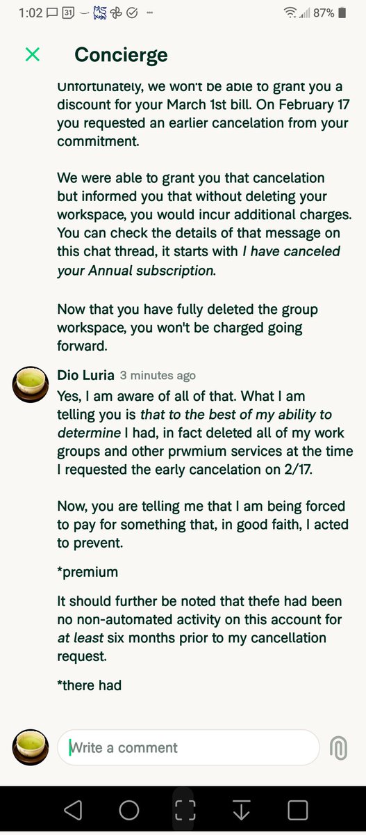 letter_d's tweet photo. 2/   ...got @expensify Concierge on line to verify that yes, REALLY, everything has been deleted. I also requested they reverse the 3/1.  Their response boils down to "You should be happy we didn't charge you more" despite the months of fees they collected for static account. https://t.co/hxvIZ4zn7s