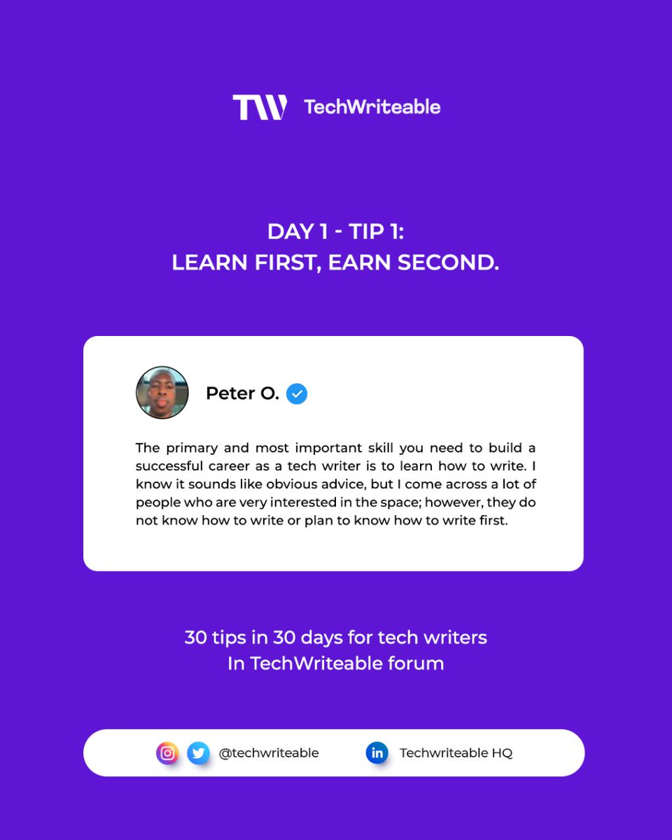 techwriteable's tweet photo. 30 days of essential tips for tech writers!
The primary and most important skill you need to build a successful career as a tech writer is to learn how to write. I know it sounds like obvious advice...
Let's talk more about it 👉 https://t.co/h3gbnLejZv
#TechWriteableCommunity https://t.co/ztdZJH5VVO