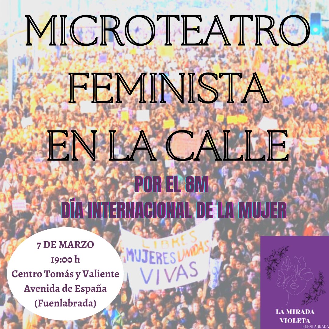 ‼️Seguimos con las actividades especiales para el 8M.

🎭Ahora os proponemos disfrutar de un microteatro en la calle.

📍Ven al centro Tomás y Valiente (junto al letrero “GO FUENLA GO”) el próximo jueves 7 de marzo a las 19:00.

#8M #8M2024 #LaMiradaVioleta