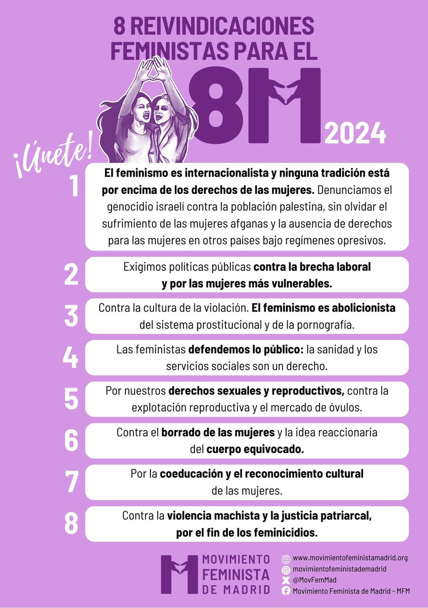 Para el #8M2024 las feministas tenemos una PROPUESTA y una PROTESTA: ✅¡Sí a nuestros derechos y a una sociedad más justa, ❌no al sexismo y a la violencia machista! #MujeresEnLuchaMFM #ElFeminismoEsAbolicionista