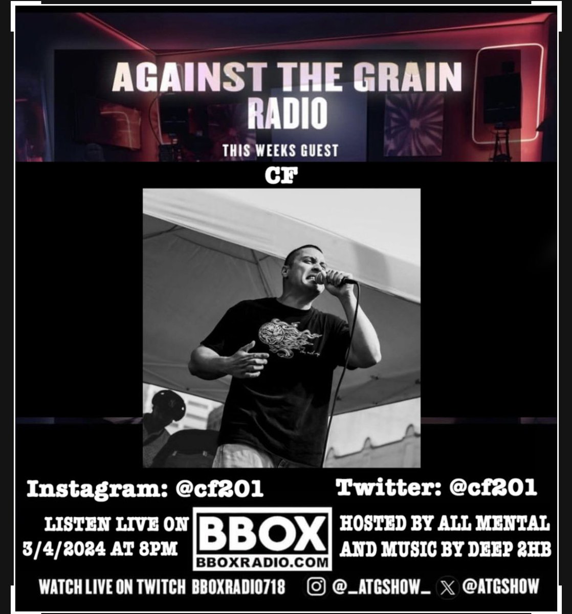 againstthegrainradio (@atgshow) on Twitter photo On Monday March 4th, 2024 from 8pm-10pm est. it is <a href="/atgshow/">againstthegrainradio</a> live from <a href="/bbox_radio/">BBOX Radio</a> with <a href="/allmental/">All Mental</a> <a href="/Deep2hb/">Pendejo</a> our guest <a href="/cf201/">CF ( Constant Flow )</a> Tune in bboxradio.com Call in @ (718)577-2855 On Monday March 4th, 2024 from 8pm-10pm est. it is <a href="/atgshow/">againstthegrainradio</a> live from <a href="/bbox_radio/">BBOX Radio</a> with <a href="/allmental/">All Mental</a> <a href="/Deep2hb/">Pendejo</a> our guest <a href="/cf201/">CF ( Constant Flow )</a> Tune in bboxradio.com Call in @ (718)577-2855