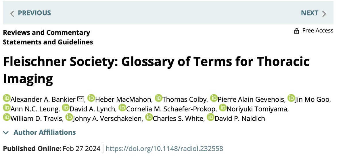 This is 🌟ESSENTIAL🌟 reading for all Pulmonary and Critical Care trainees and anyone interpreting chest imaging 🫁 New Fleischner Society Glossary of Terms for Thoracic Imaging in @radiology_rsna #OpenAccess #MedEd Kudos Dr. Alex Bankier & Team! 👏 pubs.rsna.org/doi/10.1148/ra…