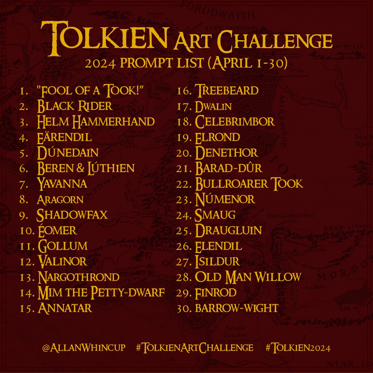 #TolkienArtChallenge2024 begins on April 1! And here's the official prompts list! #tolkienartchallenge #Tolkien #middleearth #LordOfTheRings #theHobbit #Silmarillion #tolkienart