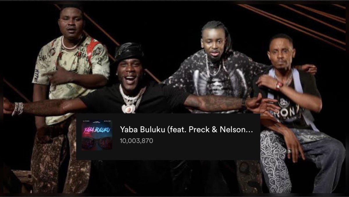 .@DjTarico & @burnaboy ‘Yaba Buluku’ (Remix) (ft. Preck & Nelson Tivane) has surpassed 10 Million streams on Spotify.