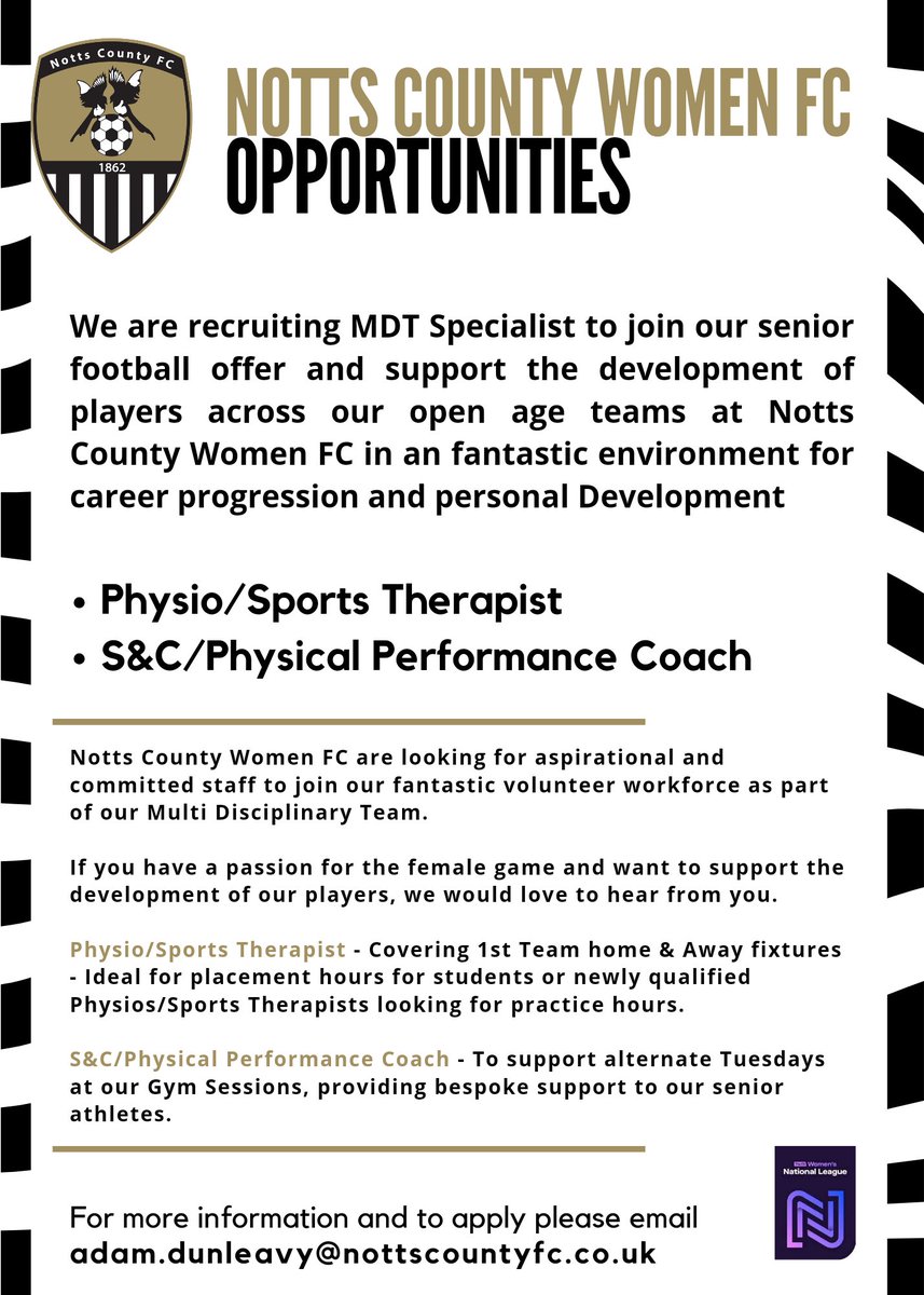 WE ARE RECRUITING!!

Join the Magpies Family and support our inspirational female footballers!!

Portfolio Building ✅
Invaluable Experience in Sport Setting ✅
Work Experience ✅
Incentives ✅

#COYP #aspire #achieve #Inspire #notts #ncfc #nottscounty #jobsinsport #sportjobs