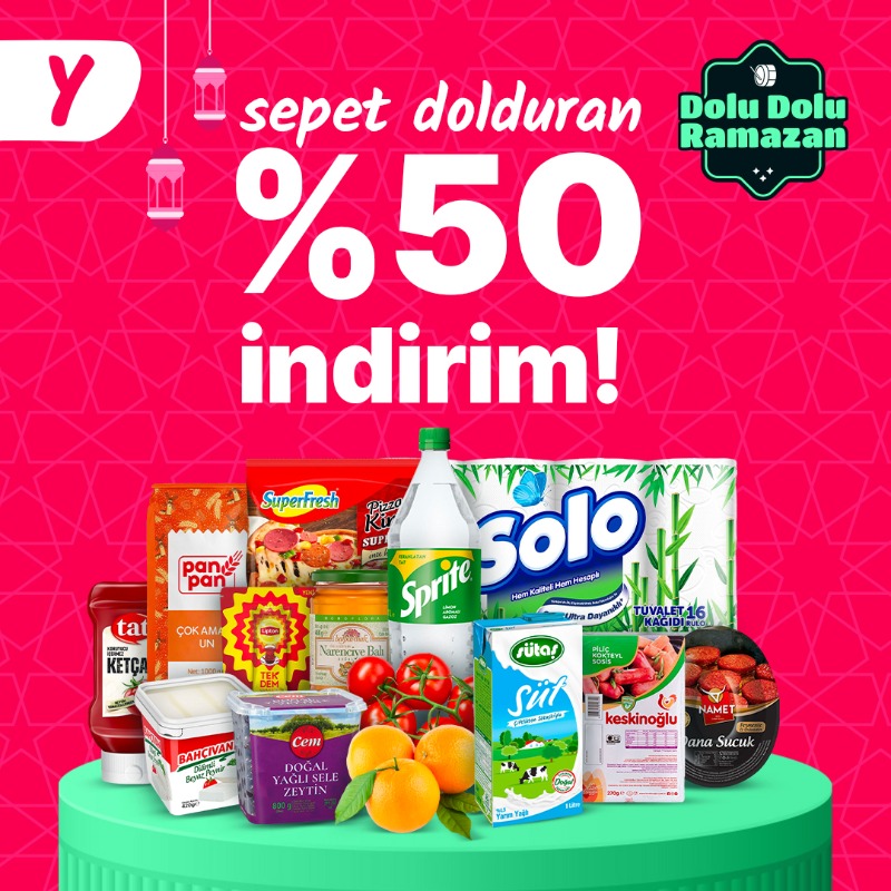 Ramazan hazırlıkları Yemeksepeti Market'in indirimleriyle başlasın. Bugüne özel, %50'ye varan indirimi kaçırma, Dolu Dolu Ramazan kampanyasıyla eksiklerini Yemeksepeti Market'le tamamla.🥁✨ Sipariş ver: ymk.st/market50indiri…