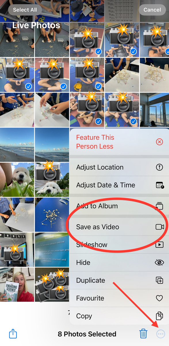 🔥 If you need to create a quick video, use Live Photos: Tap Select Choose your photos Tap on the 3 dots (in the bottom corner) Save as Video! 💥 #quickandeasy @AppleEDU #edtech #teachingtechtogether