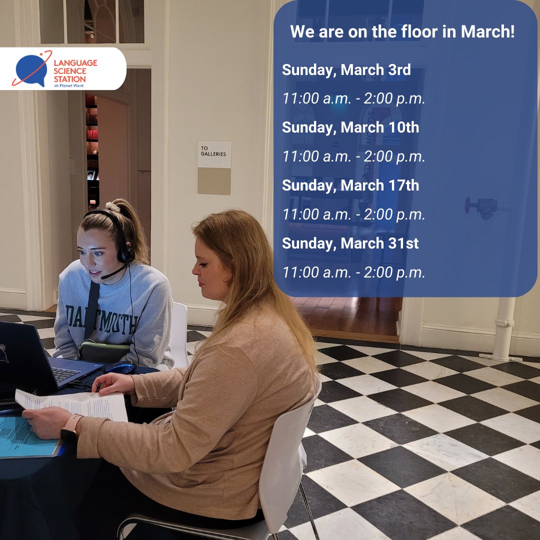 Language Science Station at Planet Word (@langscistation) on Twitter photo Excited to continue our research studies on the floor <a href="/PlanetWordDC/">Planet Word Museum</a> this month! Can't wait to chat with visitors about language science! Swing by and say hi! Excited to continue our research studies on the floor <a href="/PlanetWordDC/">Planet Word Museum</a> this month! Can't wait to chat with visitors about language science! Swing by and say hi!