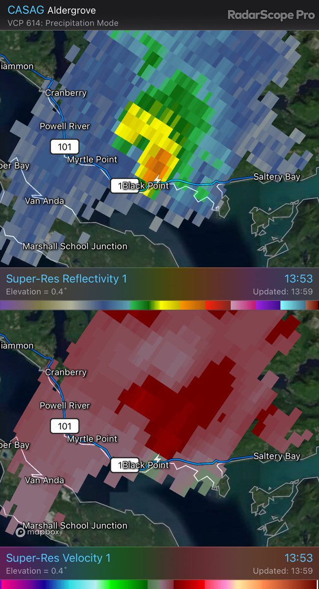 Anyone near #PowellRiver near Black Point on the #SunshineCoast or in #VanAnda on #TexadaIsland? Waterspout potential on that cell? 🤔 

CASAG - Super-Res Reflectivity 1 13:53 Super-Res Velocity 1 13:53 #BCStorm #BCwx #BCstormwatch