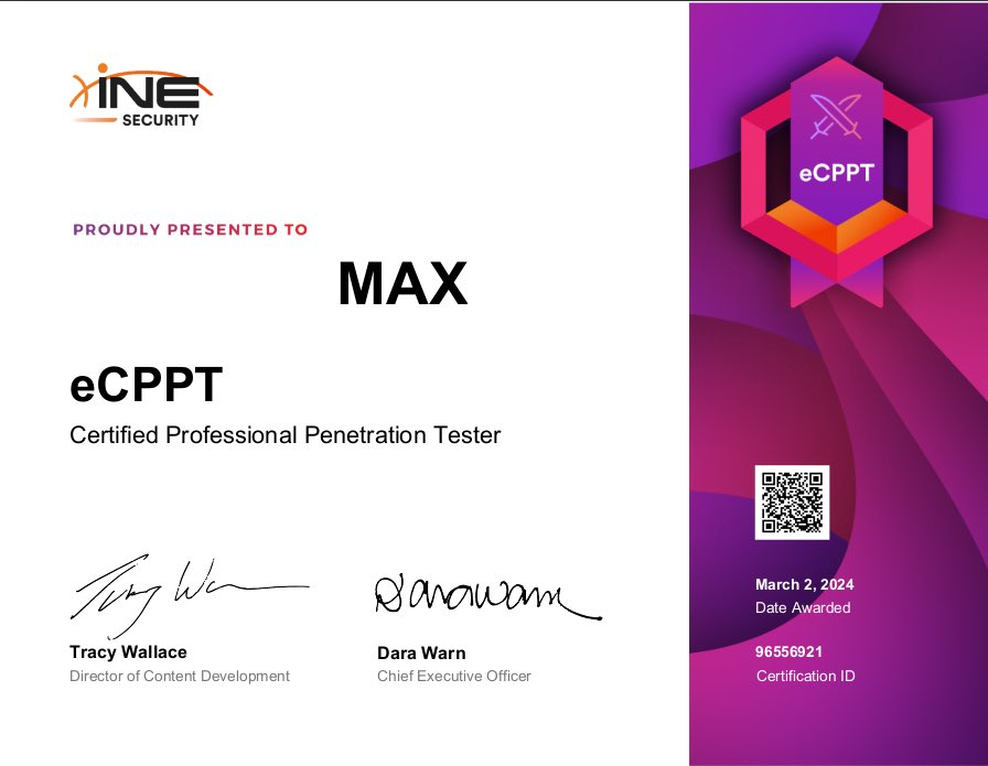 Max_MnMl's tweet image. I&apos;m officially #eCPPTv2 certified by @INEsecurity  @ine 💯🔥

Many thanks to all those who made this possible. 🙏