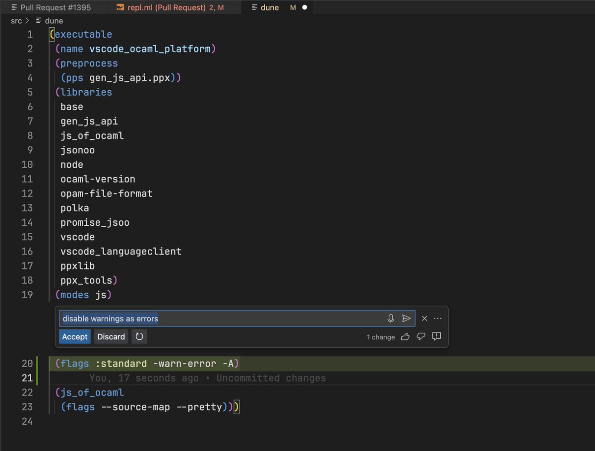 GitHub Copilot and Copilot Chat work surprisingly well with OCaml - I'm getting really good multi-line completions, getting answers to questions about js_of_ocaml, and even solving age-old dune config issues!