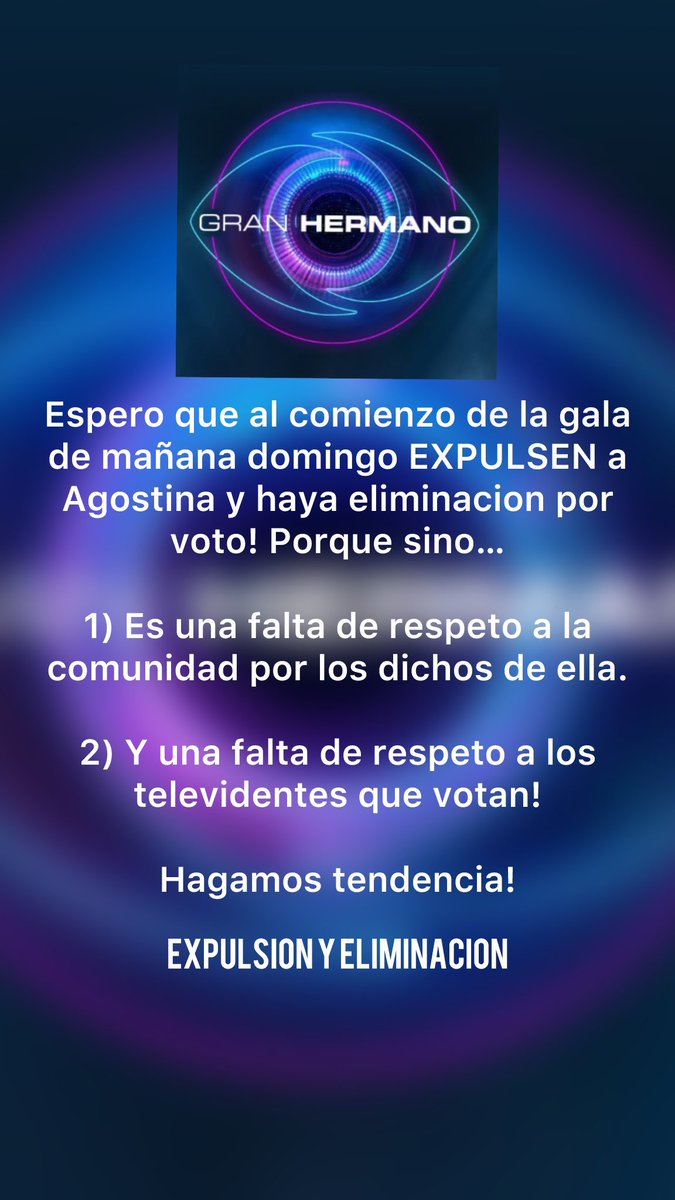 Catineta2024's tweet photo. 🚨Copien y peguen, compartan, retuiteen hagan lo que quieran pero háganlo viral!  

Mañana AGOSTINA debe ser EXPULSADA a penas comienza la gala y no esperar a ver si se va por votos.

⚠️Que @telefe y @GranHermanoAr no se caguen en la #AMIA⚠️

#GranHermano #GranHermano2024 #GH2024 https://t.co/xYRvLSoIcS